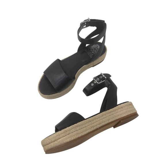 Vince Camuto Black Leather Espadrille Sandals Ankle Strap & Buckle Womens SZ 6.5 - Picture 11 of 14